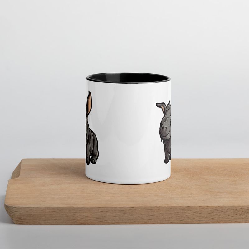 White Ceramic Mug with Color Inside, 11oz &amp; 15oz, Black rhino calf looking cute 