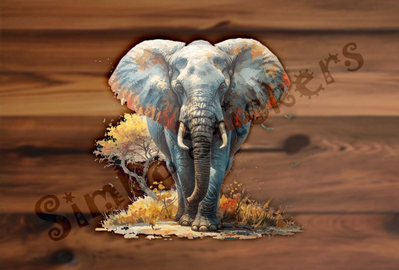 Elephant walking, birds flying in background, watercolour