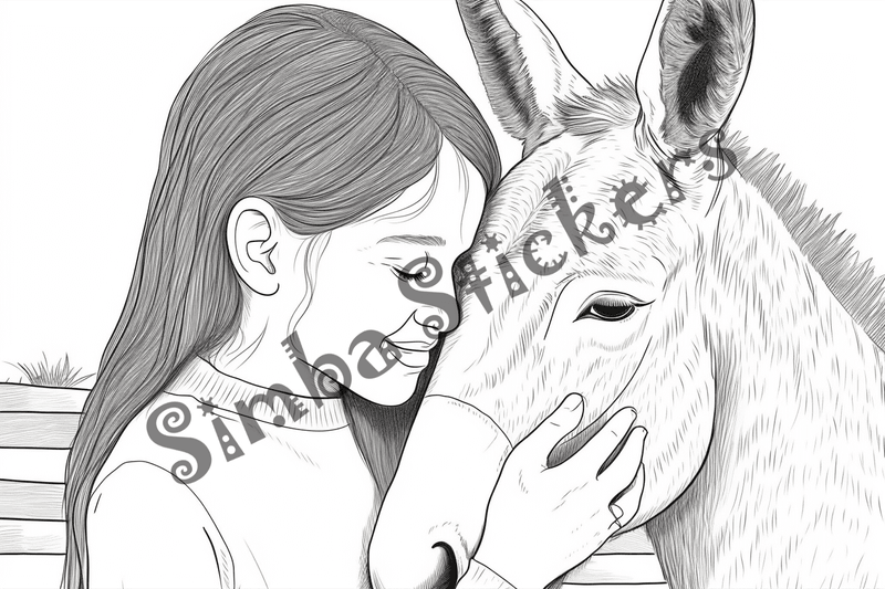 Colouring pages, bundle of mules hugged by child, 10 images