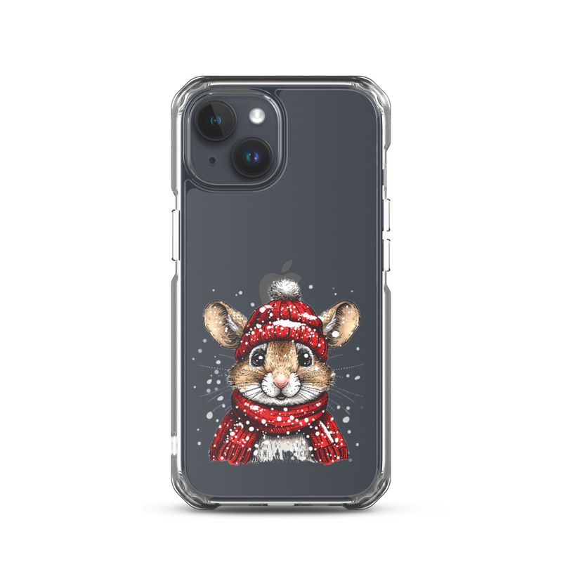 Clear Case for iPhone, Mouse wearing red winter hat and scarf in the snow, xg8dl3