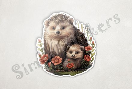 Porcupine mother with child amongst flowers