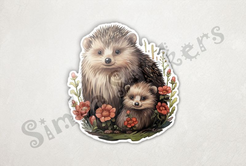 Porcupine mother with child amongst flowers
