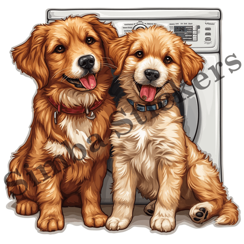 Dogs cuddling by washing machine, image set, 10 images