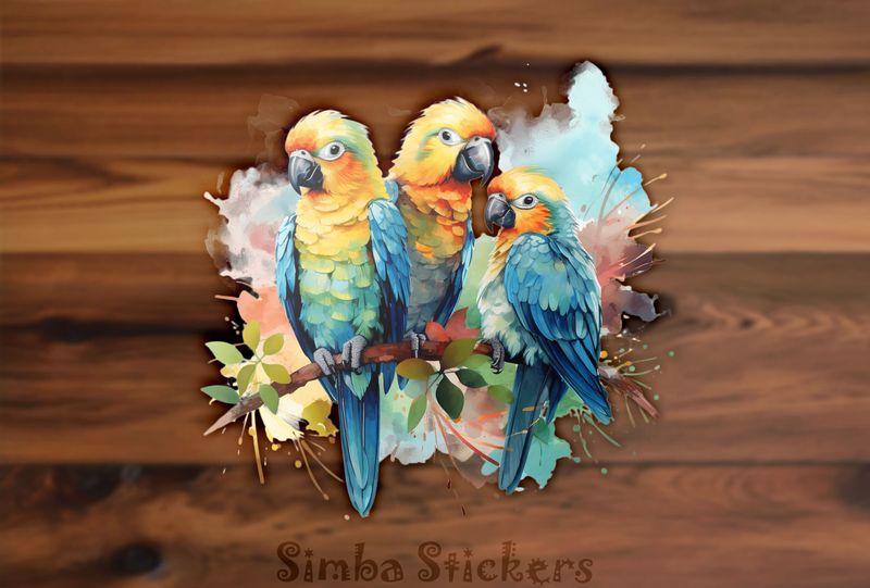 Parrots in love with youngling perching, watercolour, qadbu2