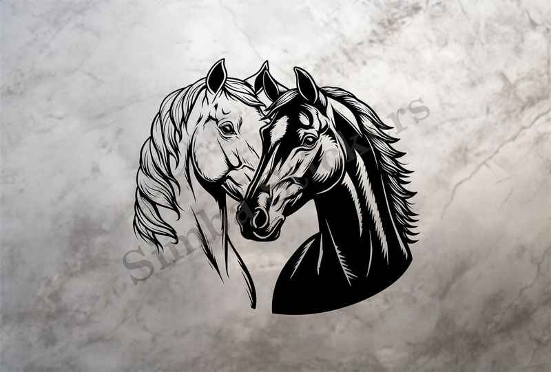 Horses in love, black and white bust outline art