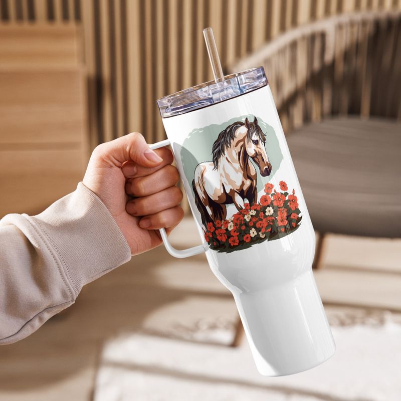 Travel Mug, Cattle, Brown horse in field of red flowers, n4w2fj
