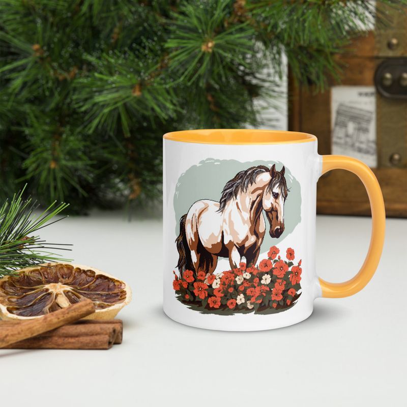 White Ceramic Mug with Color Inside, 11&amp;15oz, Brown horse in field of red flowers, n4w2fj