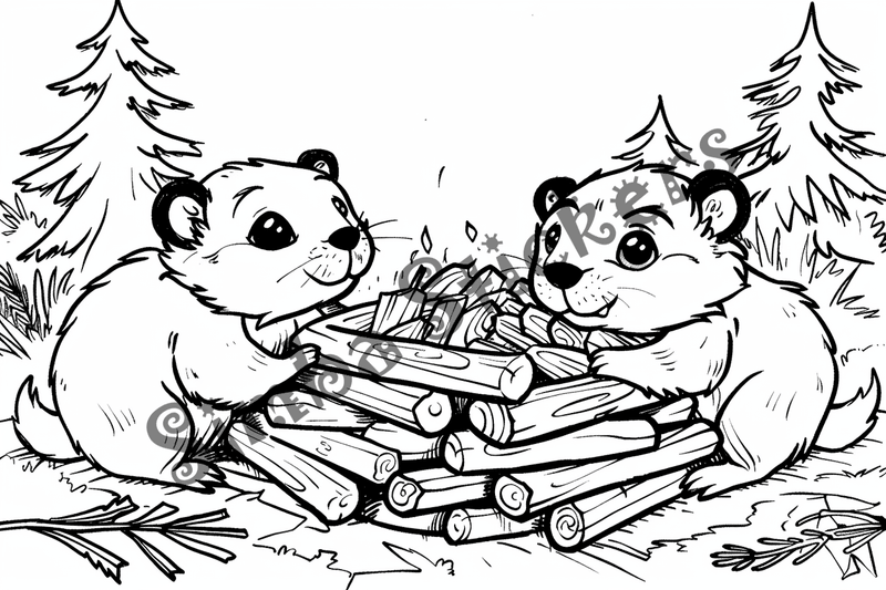 Colouring pages, bundle of beavers building beaver dam, 10 images