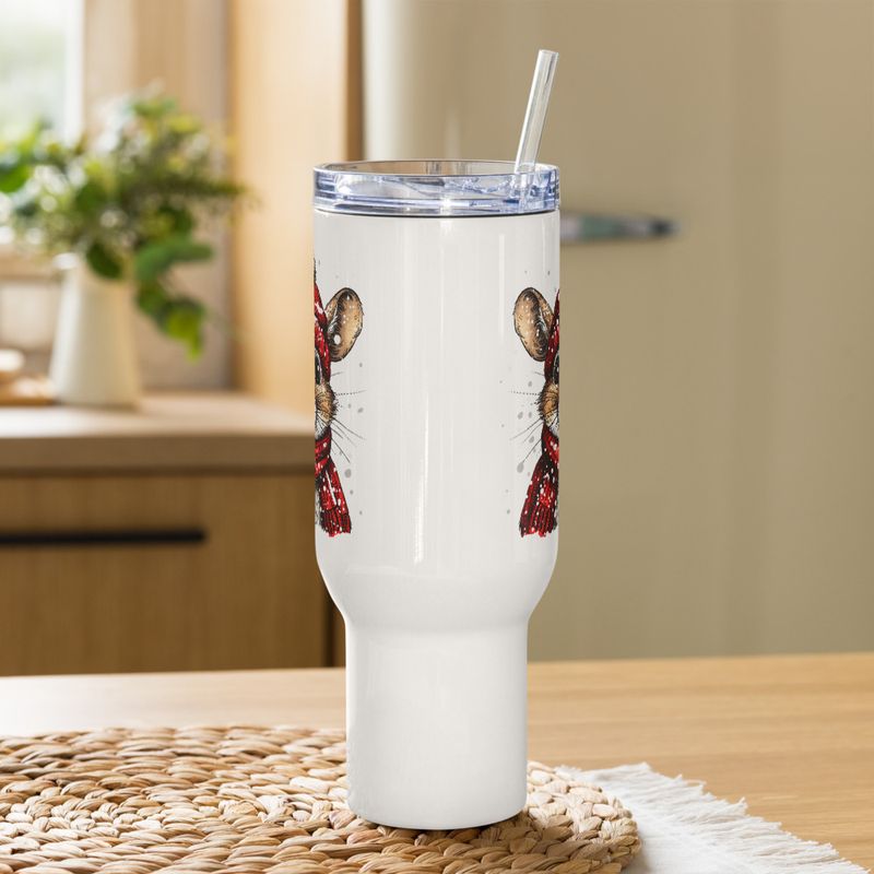 Travel Mug, Cattle, Mouse wearing red winter hat and scarf in the snow, xg8dl3