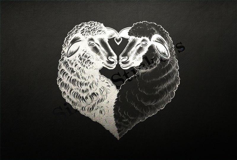 Sheep in love, one white, one black, forming a heart, outline art