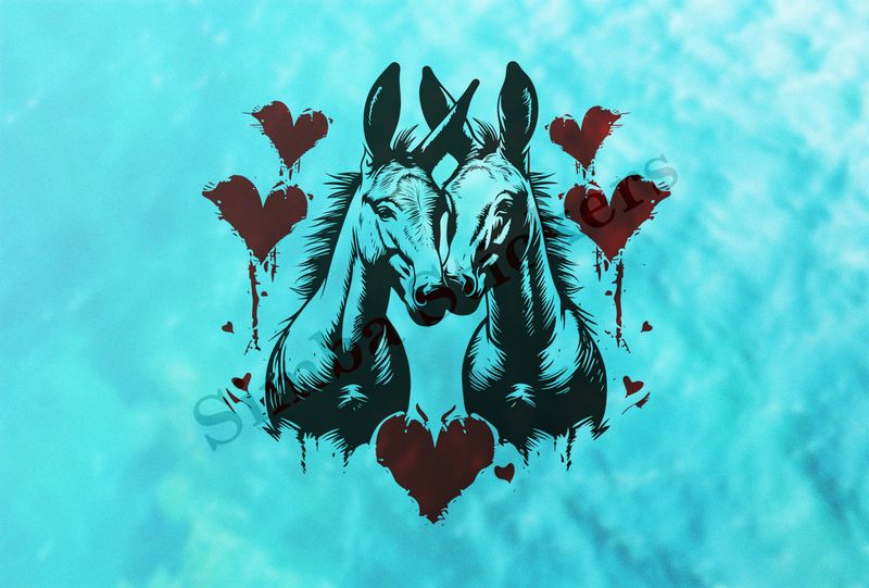 Donkeys nose-to-nose in love,  red hearts, outline art