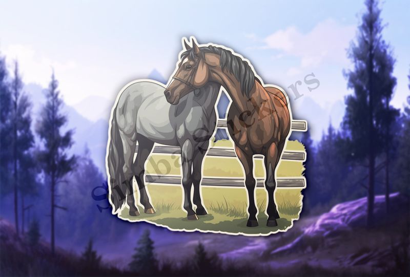 Two horses, one brown, one grey, scratching each others&#x27; backs