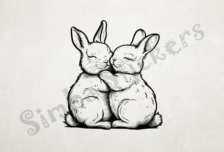 Hares cuddling arm-in-arm, outline art
