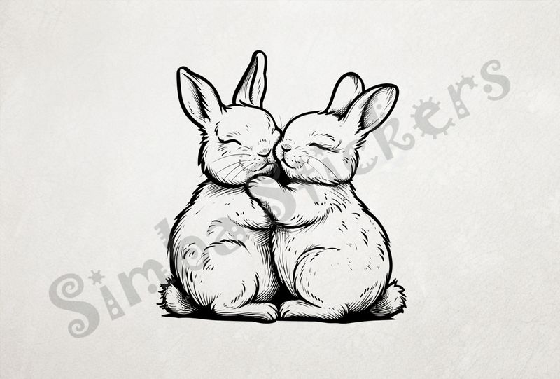 Hares cuddling arm-in-arm, outline art