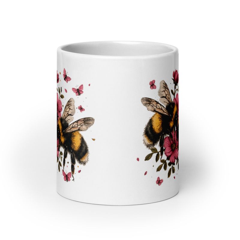 White Glossy Mug, 20oz, Bees in love buzzing around pinkish flowers, vintage style 