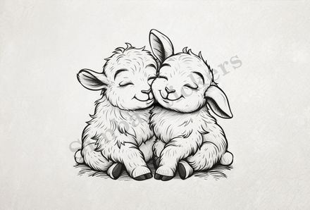 Goat kids in love cheek-to-cheek, outline art