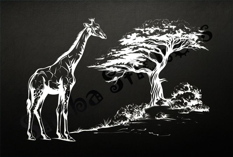Giraffe heading towards a tree in the Savanna, outline art