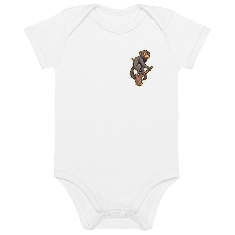 Organic Cotton Baby Bodysuit, 3-18 months, Baboon on a tree, looking sad, left chest