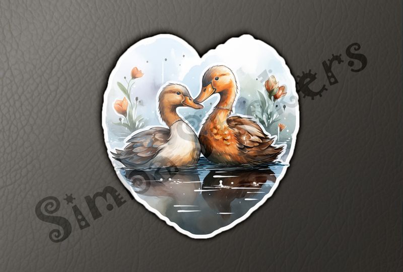 Ducks beak-to-beak in love in flowery pond