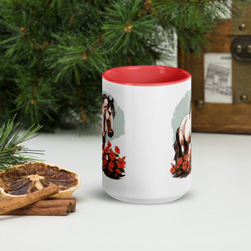 White Ceramic Mug with Color Inside, 11&amp;15oz, Brown horse in field of red flowers, n4w2fj