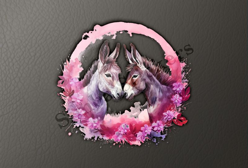 Donkeys in love, purple leaves, watercolour