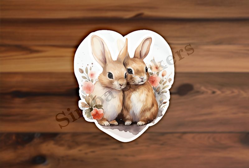 Rabbits in love amongst flowers, white background