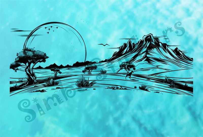 African Savanna landscape, huge sun setting, outline art