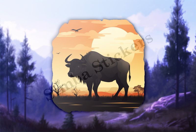 Buffalo in the African Savanna, with sunset background