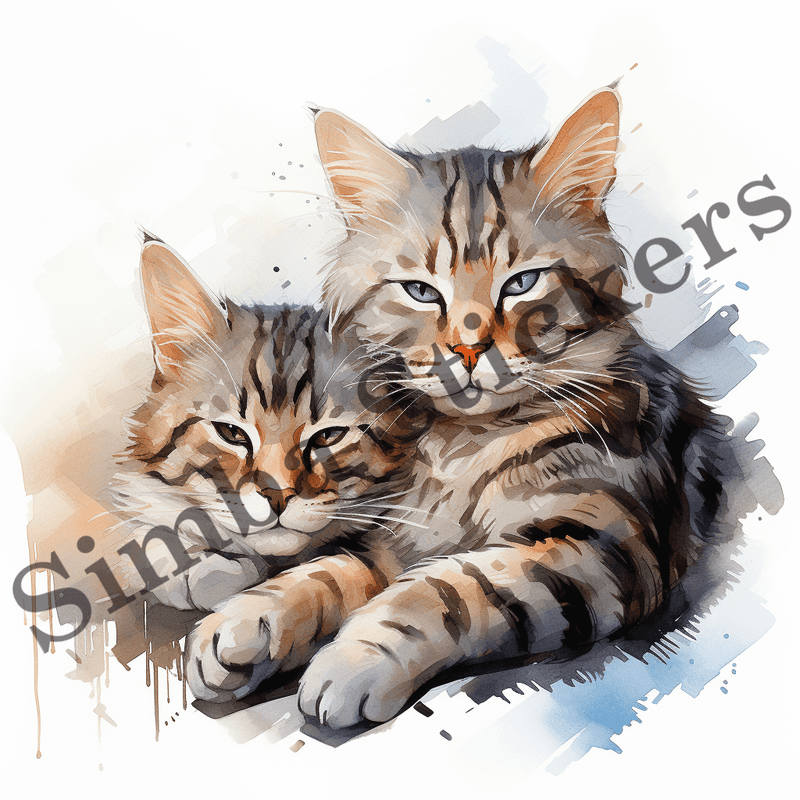 Egyptian Mau cats in love cuddling, watercolour, image set, 10 images