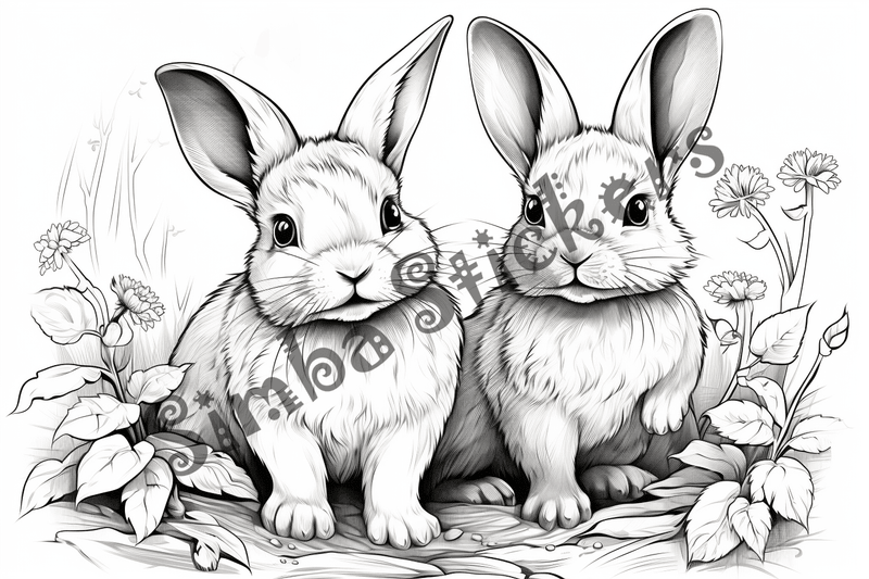 Colouring pages, bundle of rabbits in leaves or flowers, 10 images