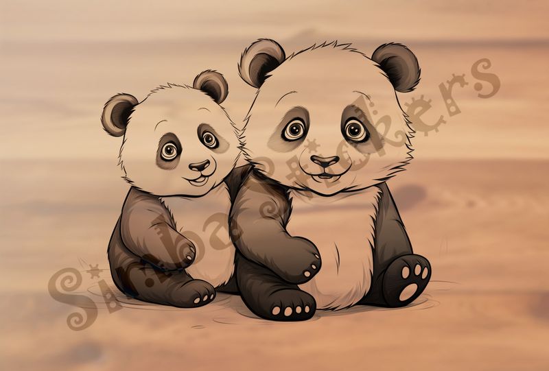 Two panda bear cubs sitting, outline art, 4bvxyc