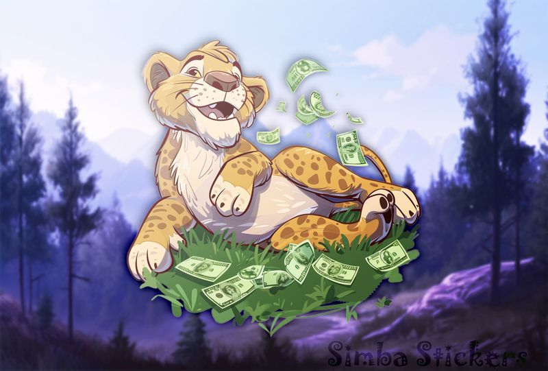 Simba Lion cub lying on flying money