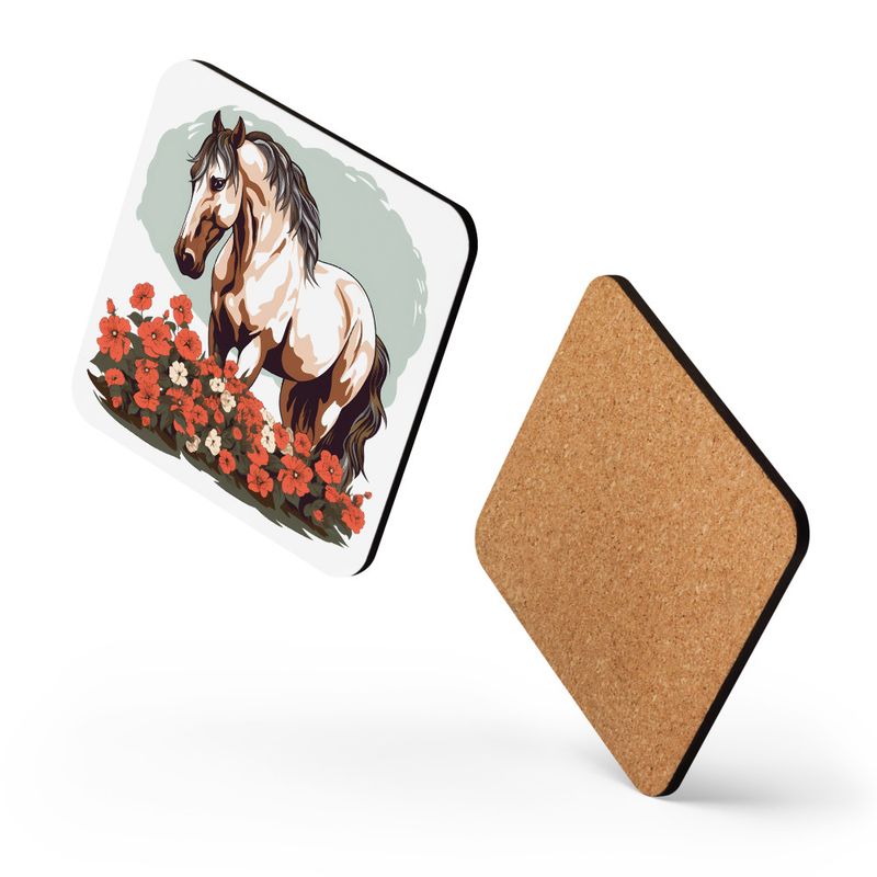 Cork-Back Coaster, Brown horse in field of red flowers, n4w2fj, mirrored