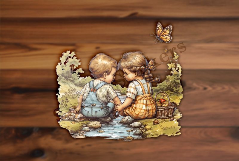 Boy and girl in love, in a stream, watercolour