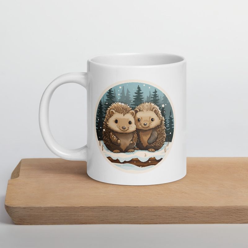 White Glossy Mug, 20oz, Cute Porcupines in the snow, circled 