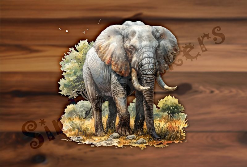 Elephant in brown grass in front of green tree, watercolour, uvqbur