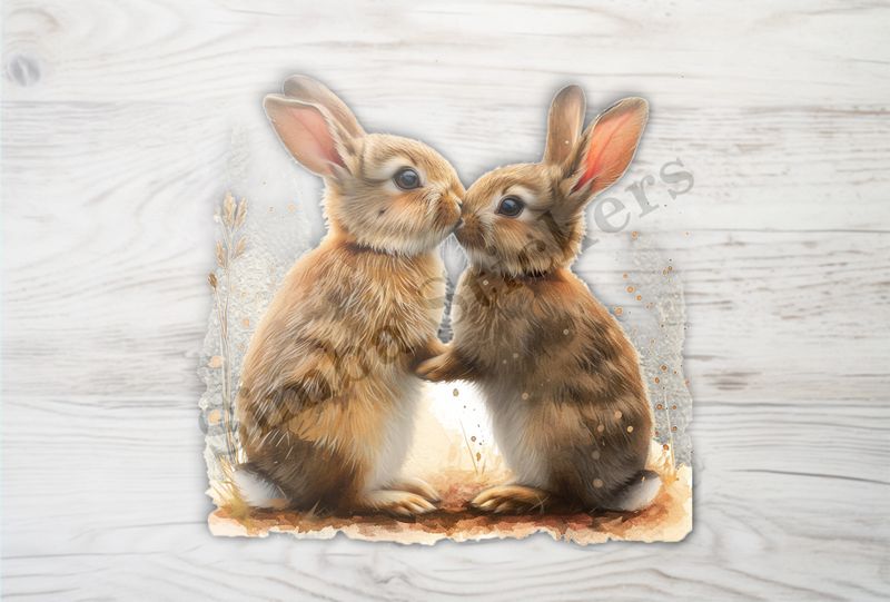 Bunnies in love,  nose-to-nose, arm-to-arm