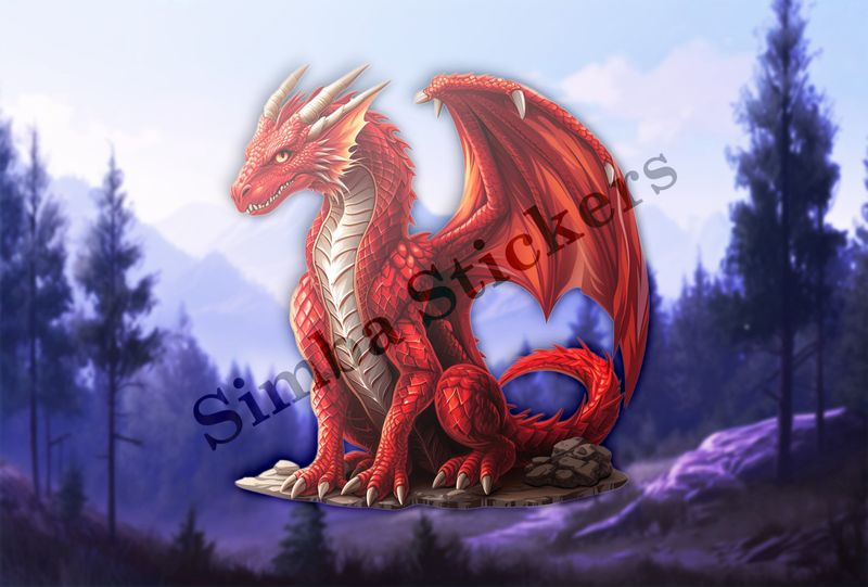 Red dragon spreading wings on rocky platform