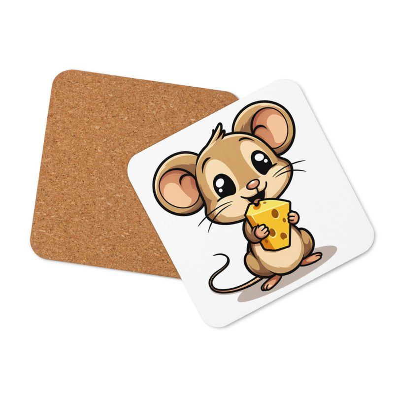 Cork-Back Coaster, Small Mouse happily licking large chunk of cheese, pqapy6, mirrorred