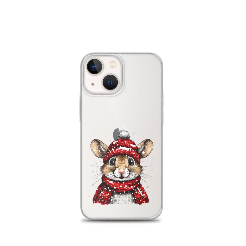 Clear Case for iPhone, Mouse wearing red winter hat and scarf in the snow, xg8dl3