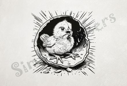 Chick still inside half-open shell, light behind shell, outline art