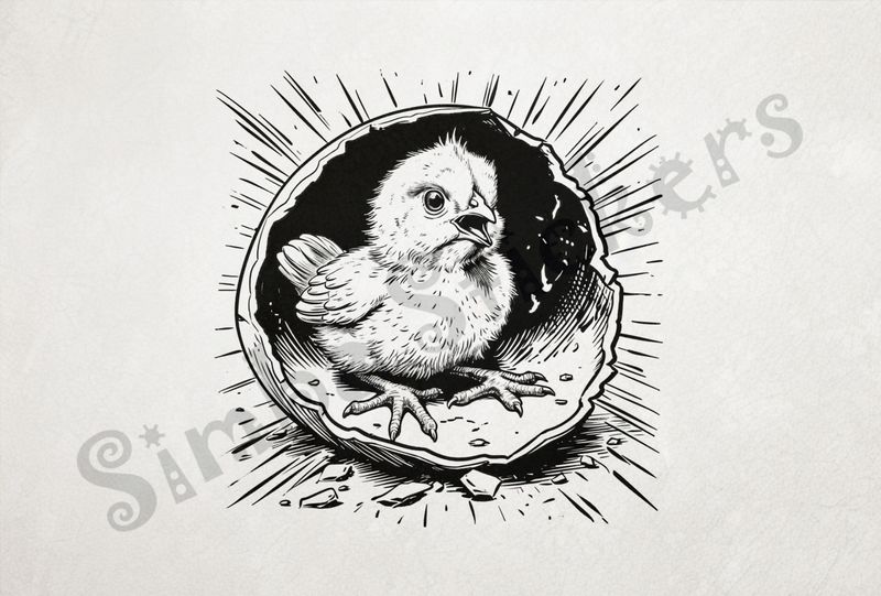 Chick still inside half-open shell, light behind shell, outline art