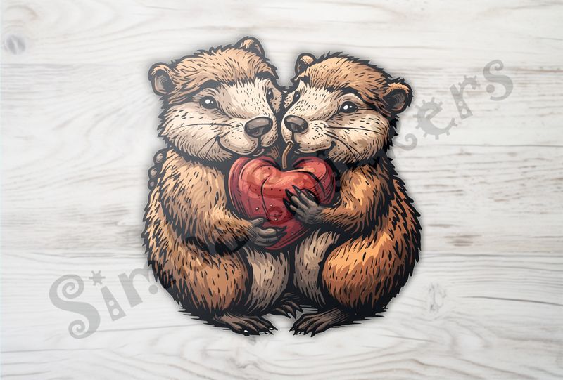 Beavers in love holding Valentine&#x27;s heart