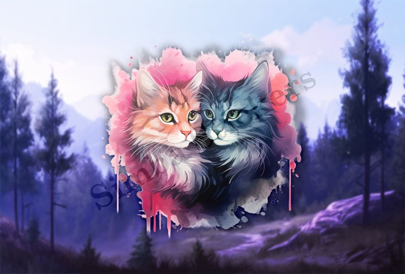 Cats cuddling, watercolour