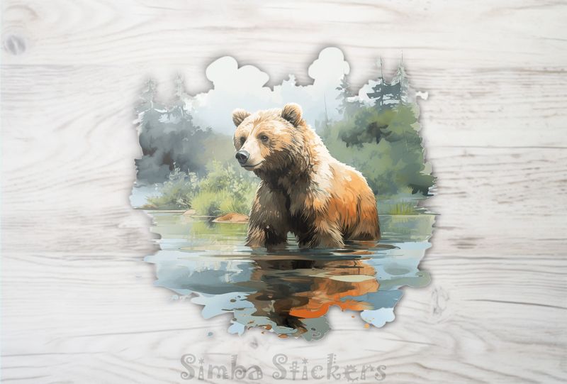 Youthful bear  in water, bluish hue, watercolour, u03mj4