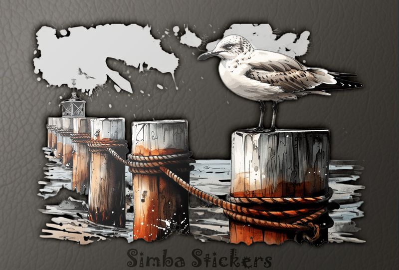 Seagulls perching on a wooden fence close to shore, watercolour, umpgms