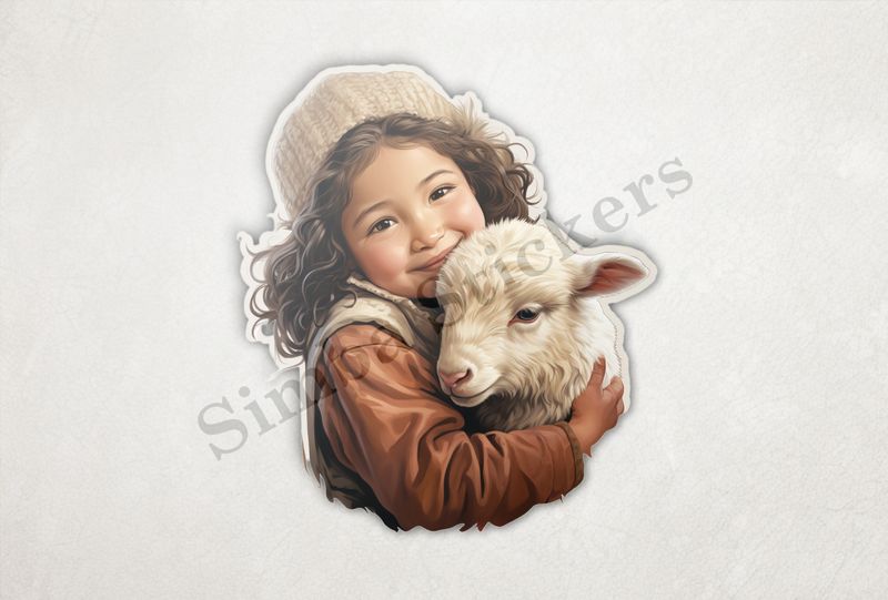 Sheep in arms of  girl of Asian origin in white hat, vintage