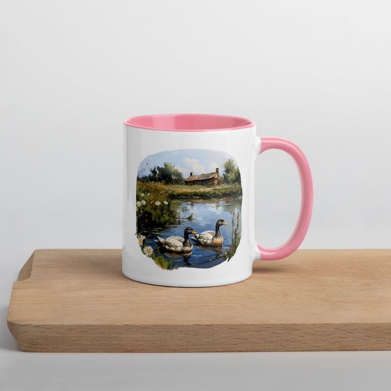 White Ceramic Mug with Color Inside, 11 &amp;15oz, Ducks in love swimming in farmhouse pond 