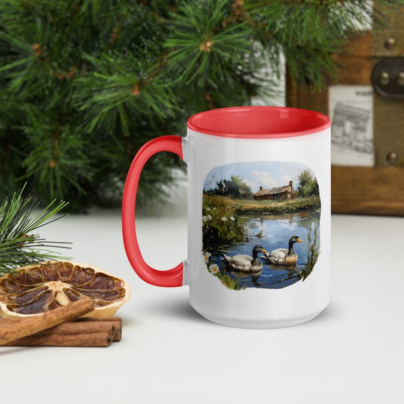 White Ceramic Mug with Color Inside, 11 &amp;15oz, Ducks in love swimming in farmhouse pond 