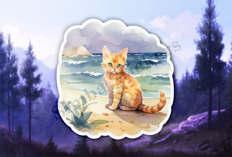 Cat on the beach, watercolour